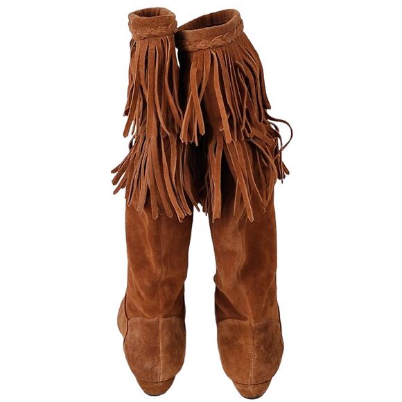 Gianni Bini rust suede tall slouchy knee high fringed boots 1" wedges 7.5 - Picture 3 of 7